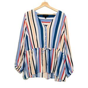 Lane Bryant Size 20 Striped Peplum Button-Front Rayon Blouse With Long Sleeves